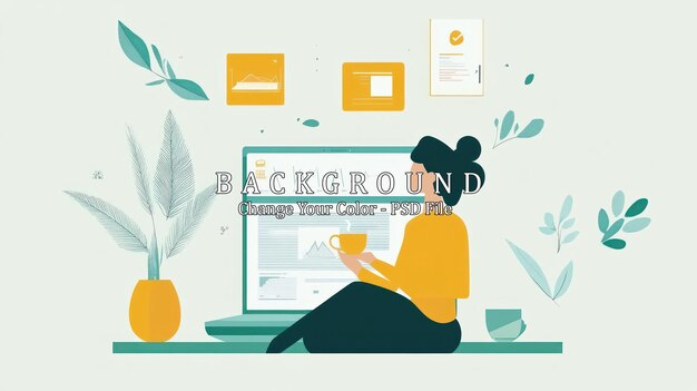 Una mujer se sienta frente a una computadora portátil con una taza de café trabajando en un sitio web rodeado de plantas