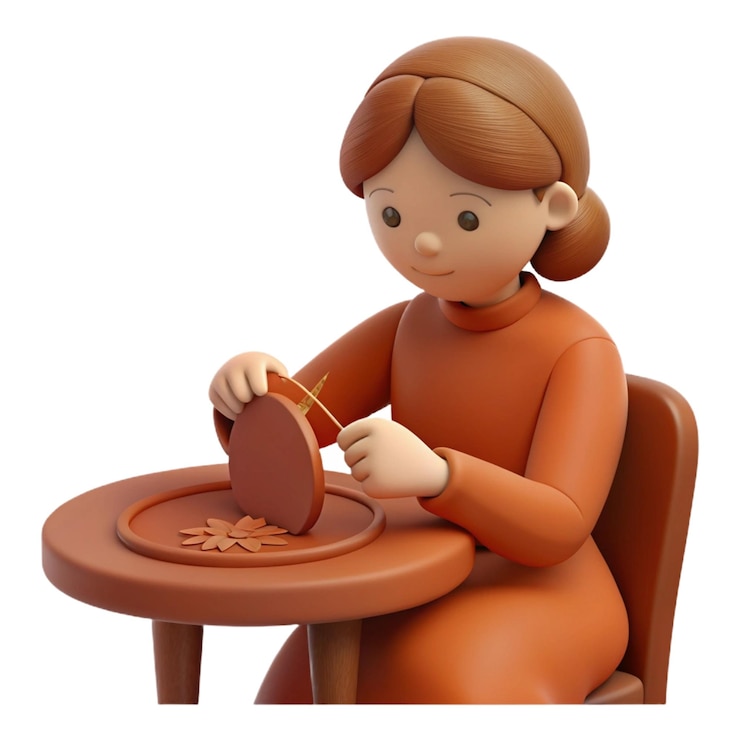 PSD una mujer se sienta en una mesa con una muñeca y una olla de comida