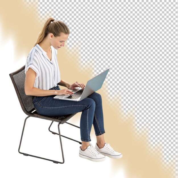 Una mujer se sienta en una silla con una computadora portátil delante de ella