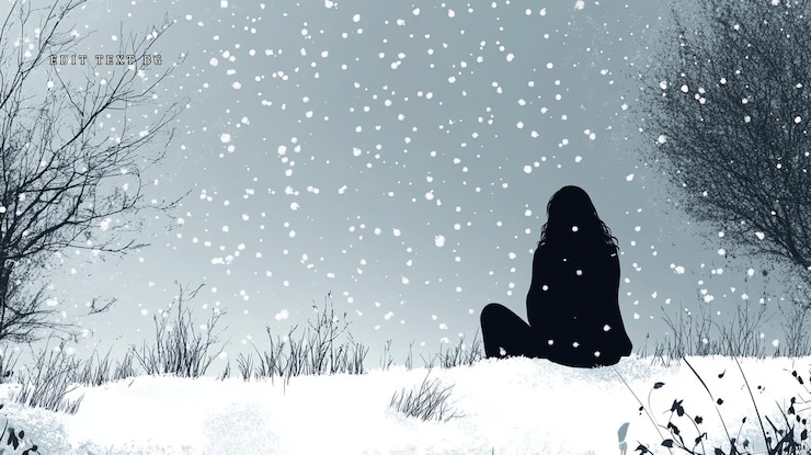 PSD mujer con silueta sentada en una escena invernal de nieve
