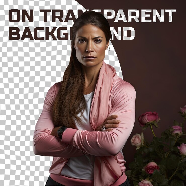 PSD una mujer simpática de mediana edad con cabello largo de la etnia urálica vestida con ropa de atleta posa en una postura seria con los brazos cruzados contra un fondo de rosa pastel