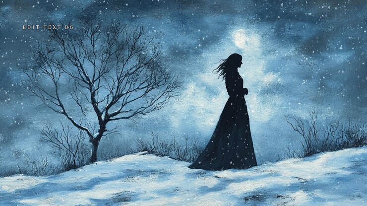 PSD mujer solitaria en vestido largo silueta contra un paisaje de noche de invierno nevado bajo una luna llena