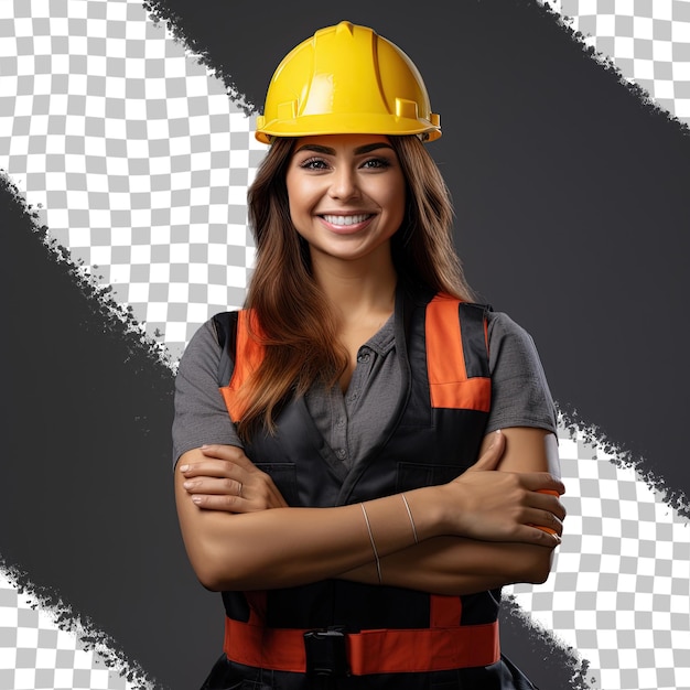 Una mujer con un sombrero amarillo está de pie frente a un fondo blanco y negro.