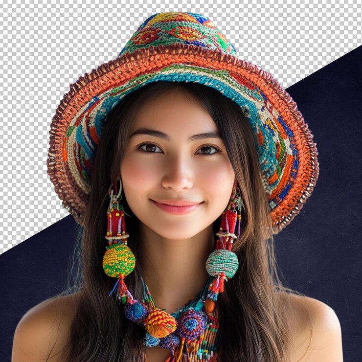 PSD mujer con sombrero colorido y joyas