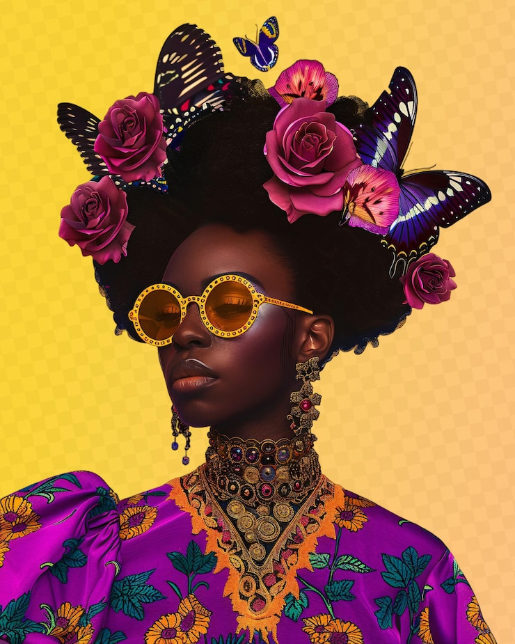 PSD una mujer con un sombrero de flor y gafas de sol está usando un tocado floral púrpura