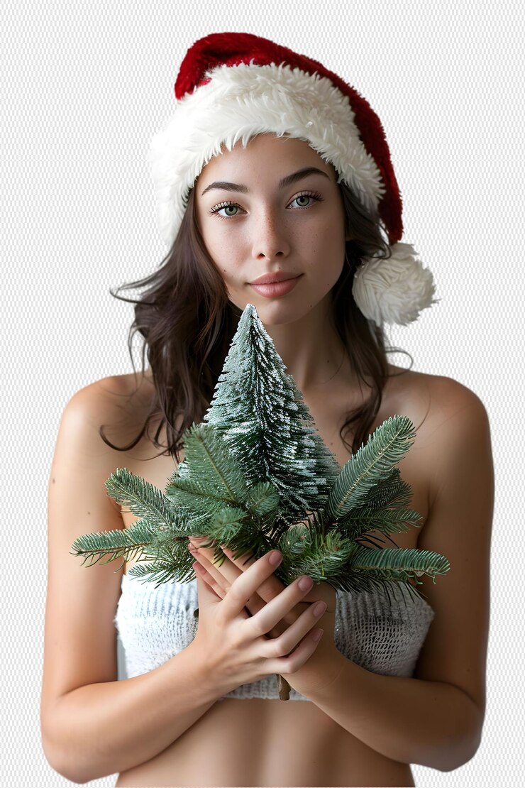 Mujer con sombrero de Papá Noel con árbol de Navidad en la mano