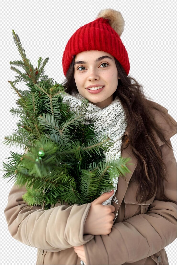 Mujer con sombrero de Papá Noel con árbol de Navidad en la mano