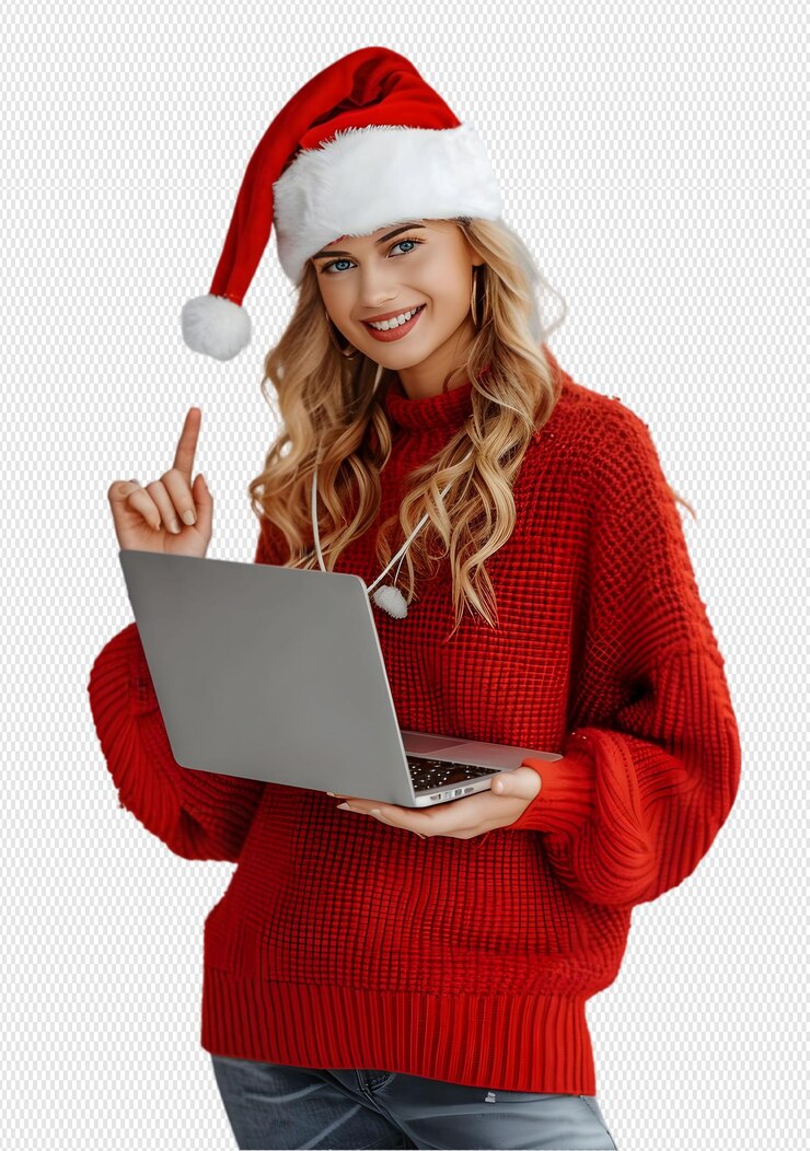 Mujer con sombrero de Papá Noel con computadora portátil