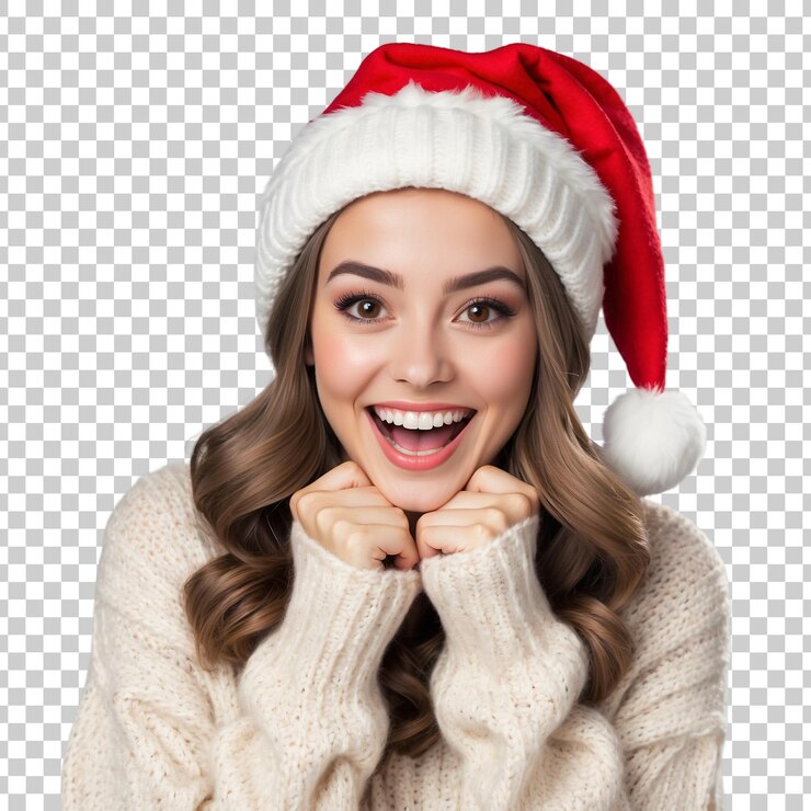PSD una mujer con un sombrero de santa con la palabra santa en él