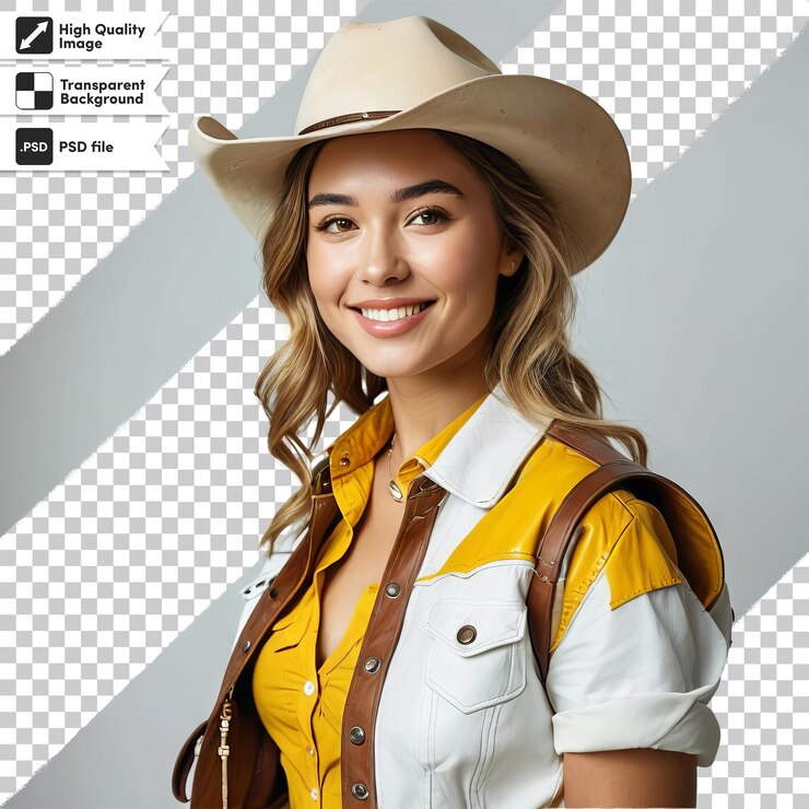 PSD una mujer con un sombrero de vaquero y un chaleco marrón con un logotipo blanco y negro