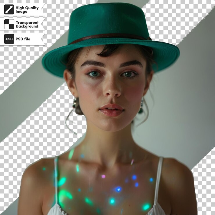 PSD una mujer con un sombrero verde con luces en él