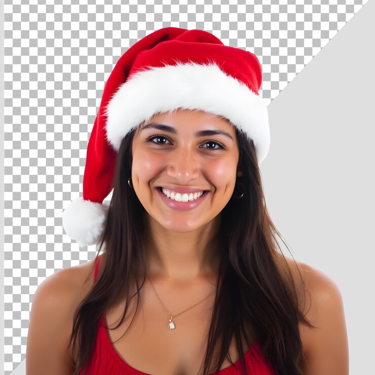 PSD mujer sonriendo en el centro de la foto con un sombrero de navidad