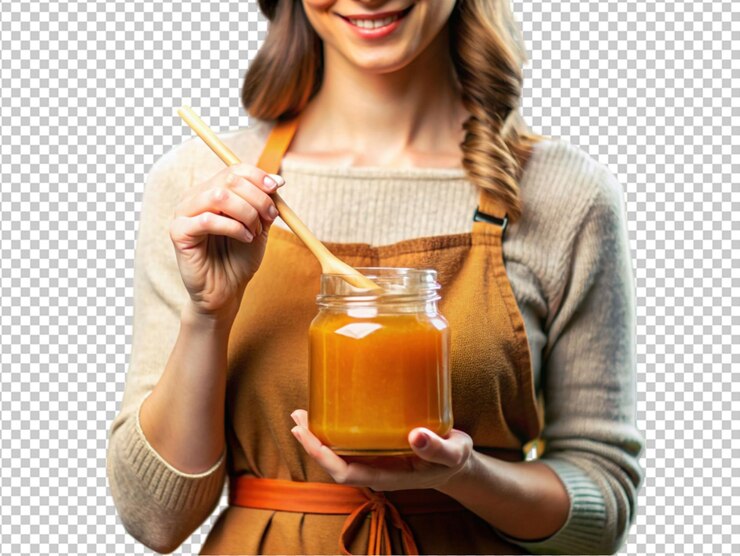 PSD mujer sonriendo y mostrando una mermelada