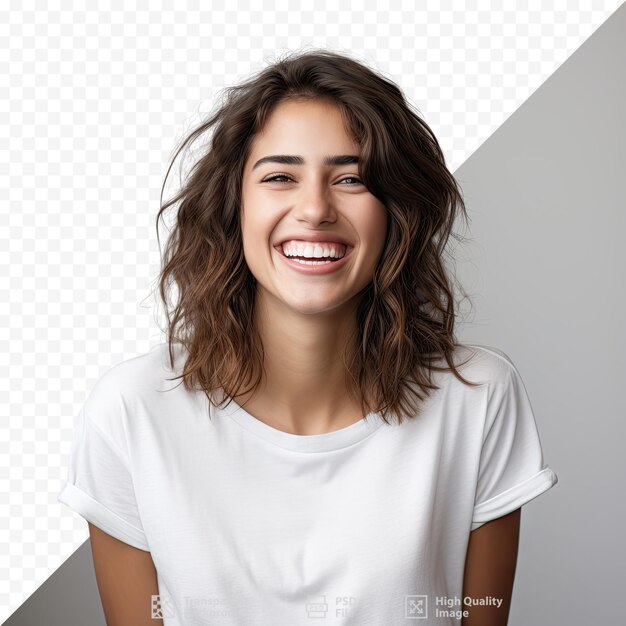 PSD una mujer sonriendo y riendo con una camiseta blanca que dice 