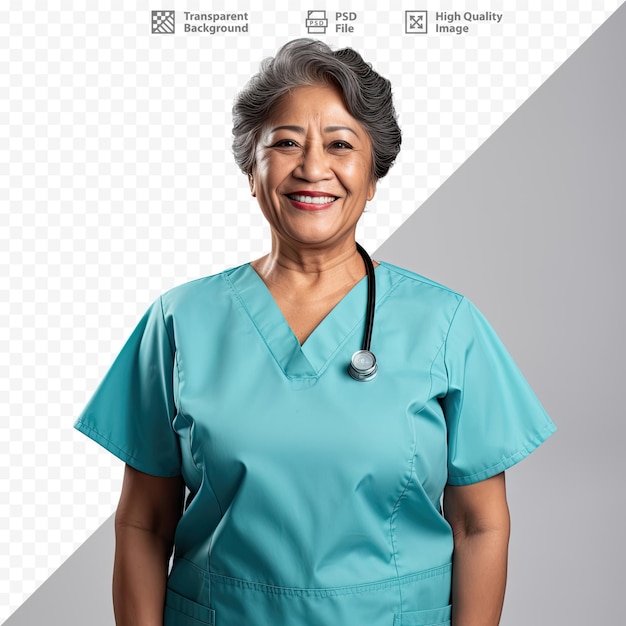 Una mujer sonriendo con un uniforme de enfermera azul y un estetoscopio.