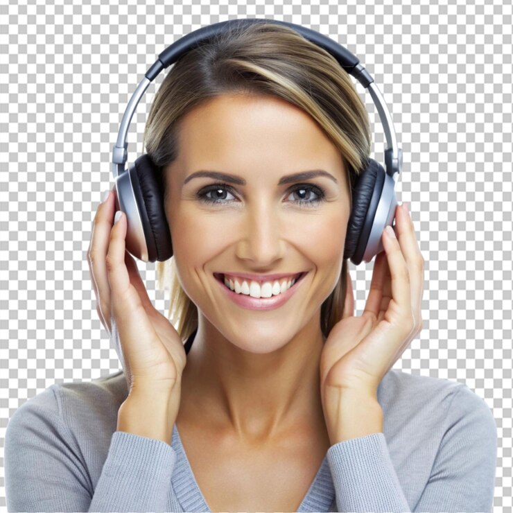 PSD mujer sonriente con auriculares en un fondo transparente