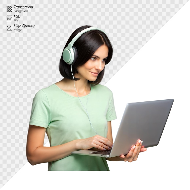 PSD mujer sonriente con camisa verde trabajando en una computadora portátil con auriculares aislados en un fondo blanco