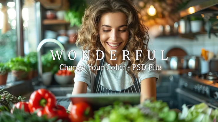 PSD mujer sonriente cocinando en la cocina