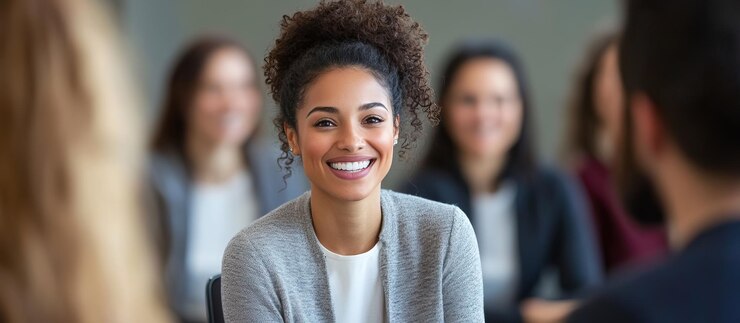 PSD mujer sonriente en un entorno de grupo