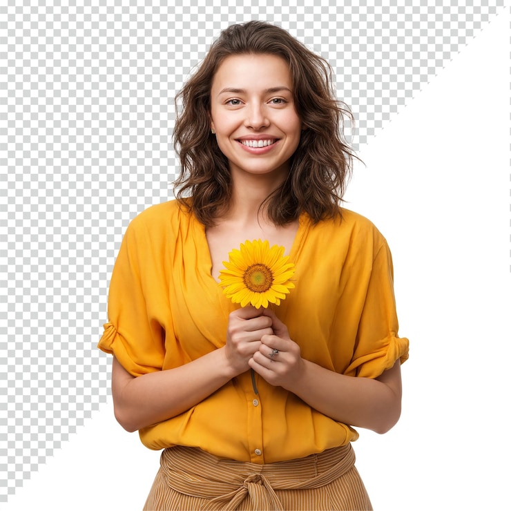 PSD mujer sonriente con un girasol
