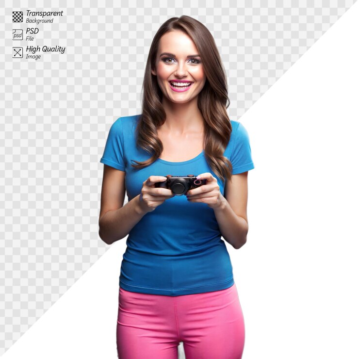 PSD mujer sonriente jugando videojuegos con un controlador en un fondo transparente