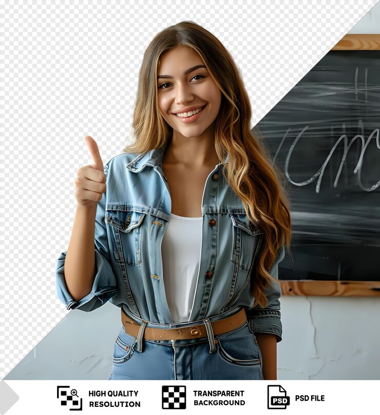 PSD mujer sonriente levanta los pulgares en una chaqueta de denim con un fondo aislado