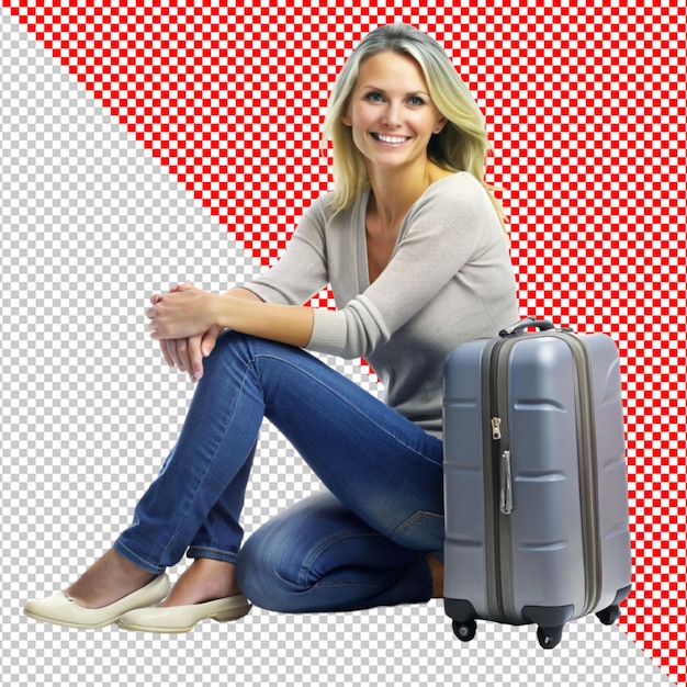 PSD una mujer sonriente mirando su equipaje.