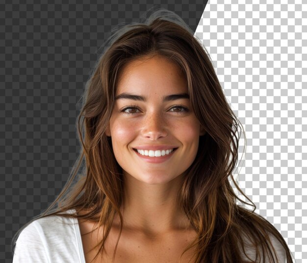 Mujer sonriente con pecas y cabello marrón iluminado por el sol en fondo transparente png