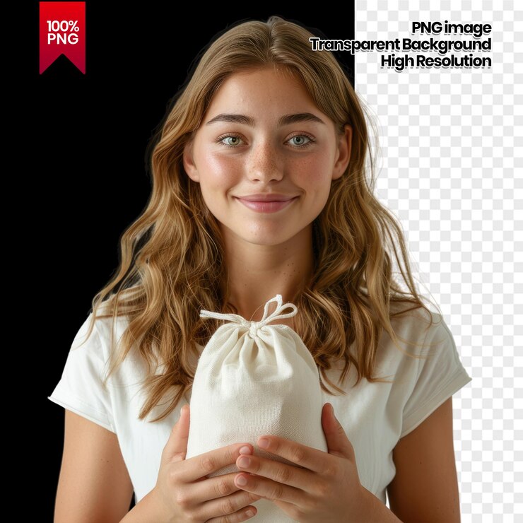 PSD mujer sonriente con pecas sosteniendo una bolsa blanca de fondo eliminado