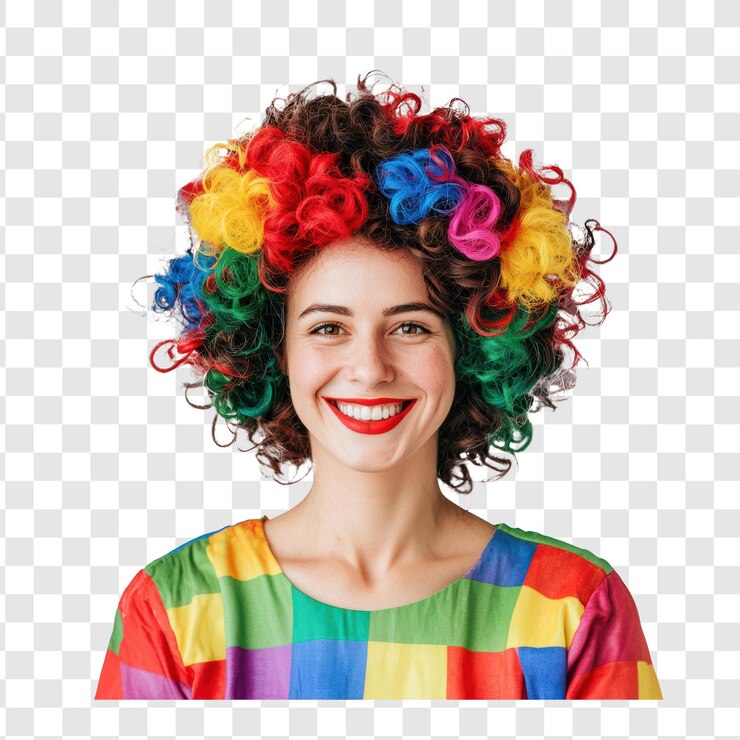 PSD una mujer sonriente con una peluca rizada de payaso colorida celebrando el tonto de abril de pie aislada sobre un fondo transparente
