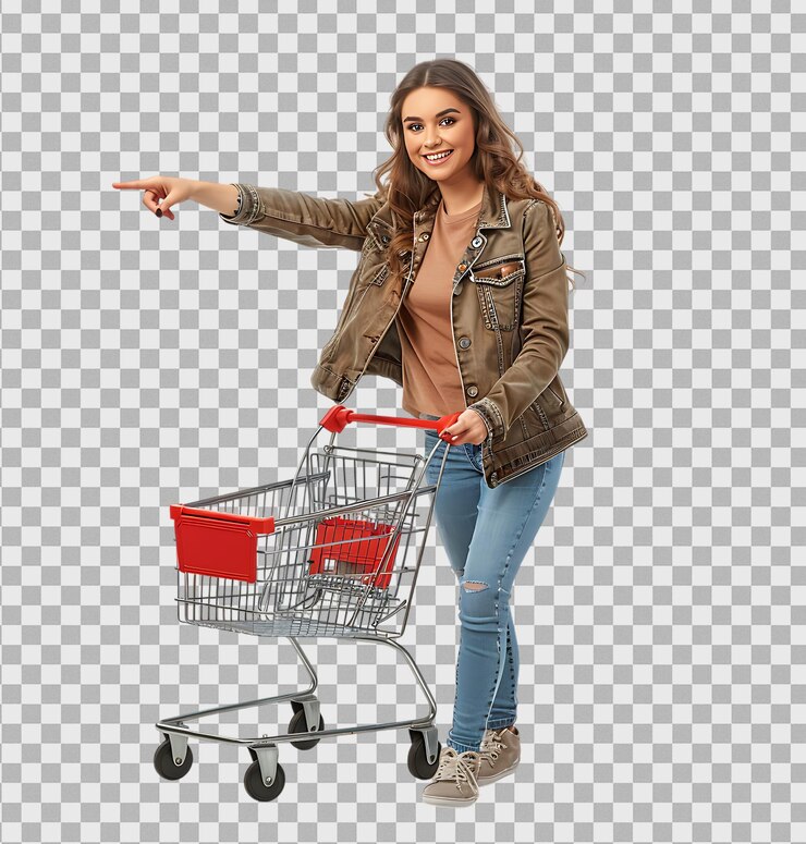 PSD mujer sonriente señalando con un carrito de compras en un fondo transparente