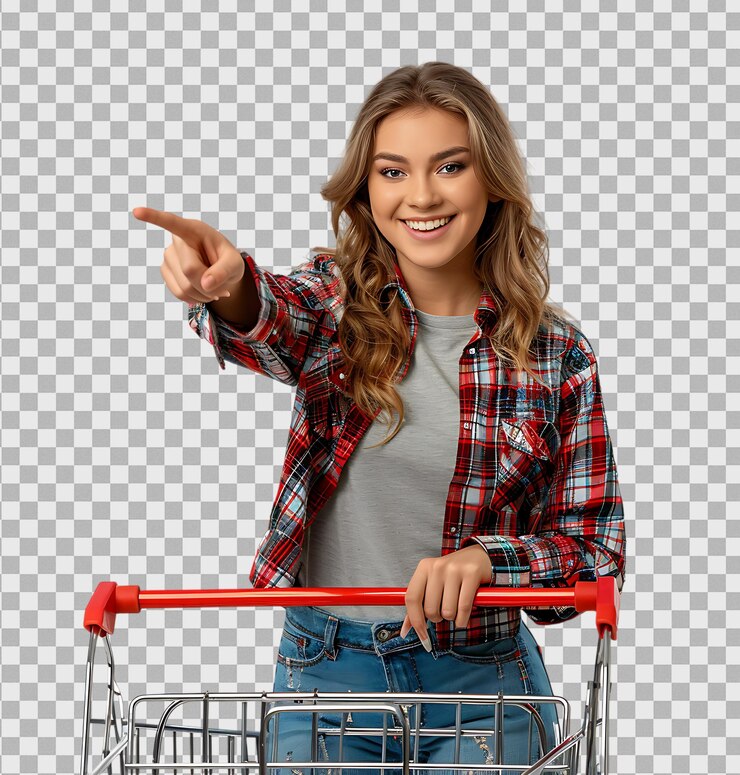 Mujer sonriente señalando con un carrito de compras en un fondo transparente