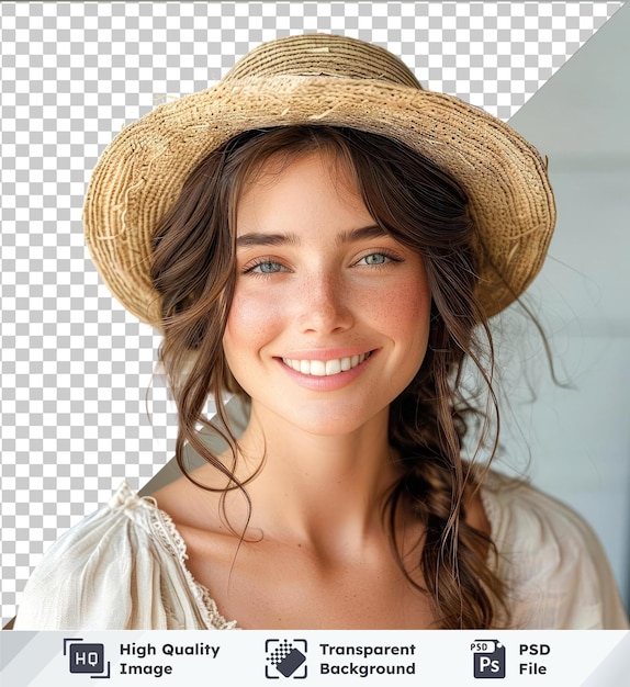 Mujer sonriente con sombrero de paja cabello marrón ojos azules y marrones nariz pequeña y cejas marrones