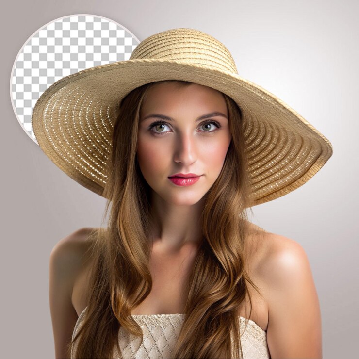 PSD mujer sonriente con sombrero de paja