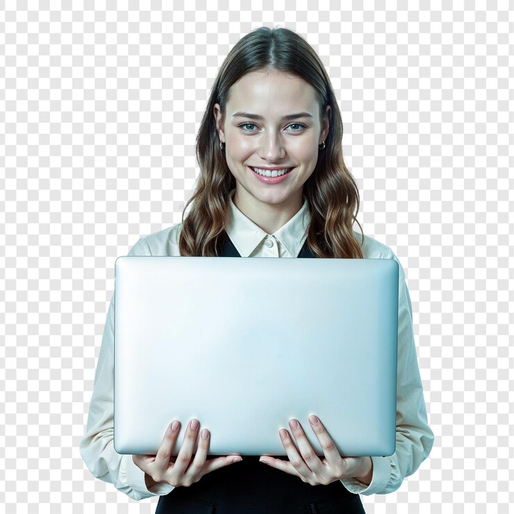 PSD una mujer sonriente sosteniendo una computadora portátil