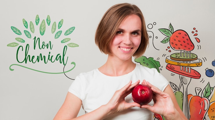 PSD mujer sonriente sosteniendo una manzana