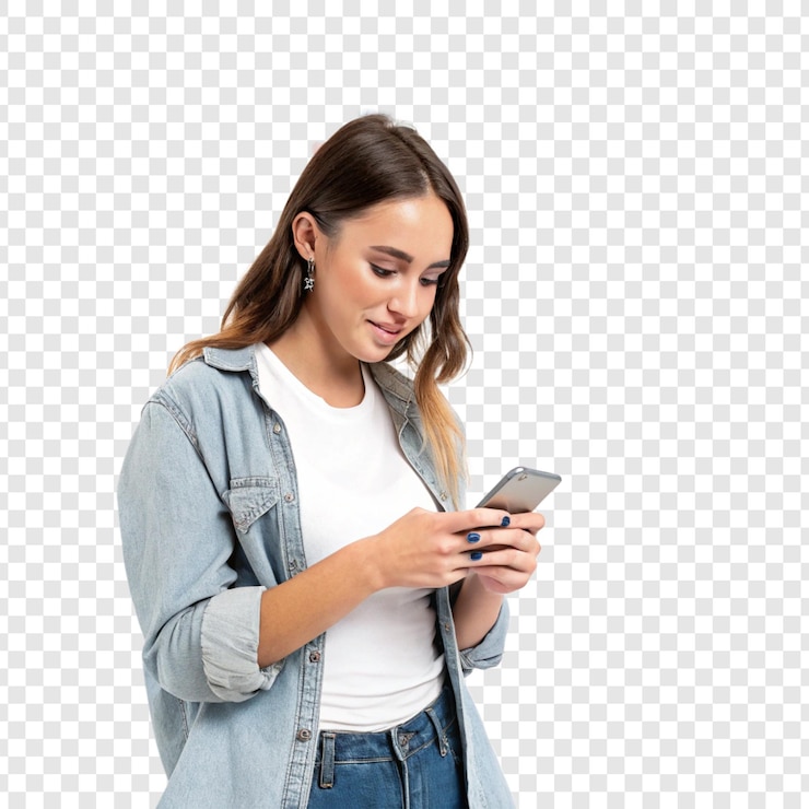 PSD mujer sonriente con su teléfono