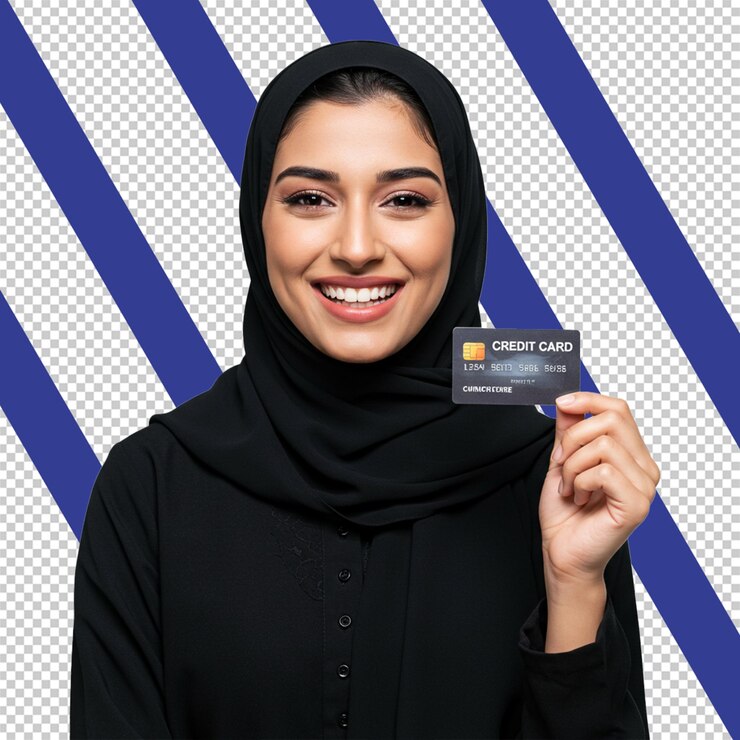 Mujer sonriente con tarjeta de crédito