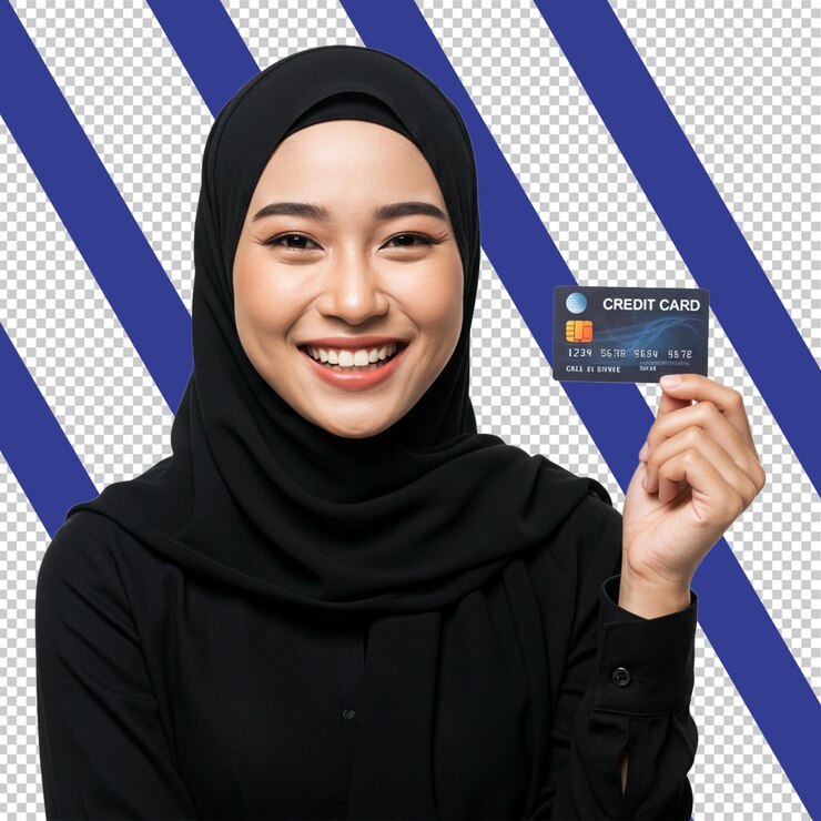 Mujer sonriente con tarjeta de crédito