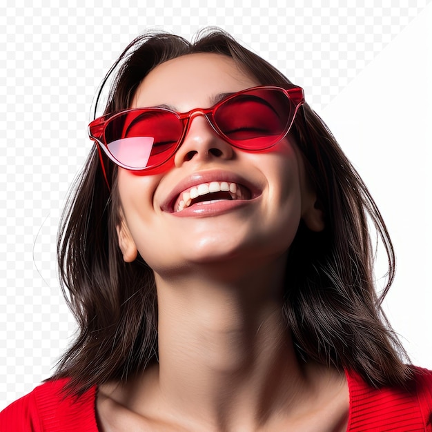 Mujer sonriente con tonos rojos posando sobre un fondo blanco aislado