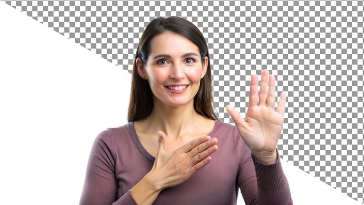 PSD mujer sonriente usando el lenguaje de señas para comunicarse representando la inclusión