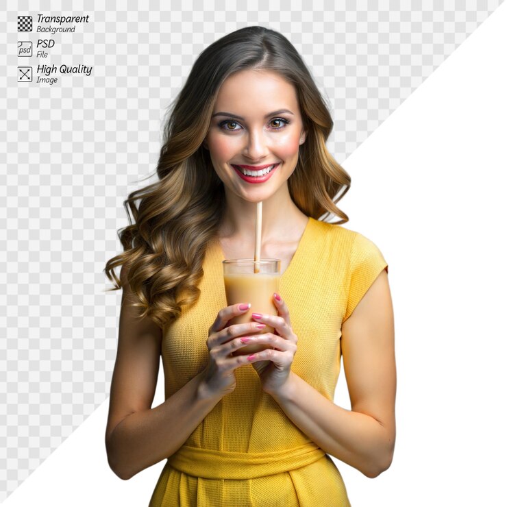 PSD mujer sonriente con vestido amarillo sosteniendo un vaso de jugo