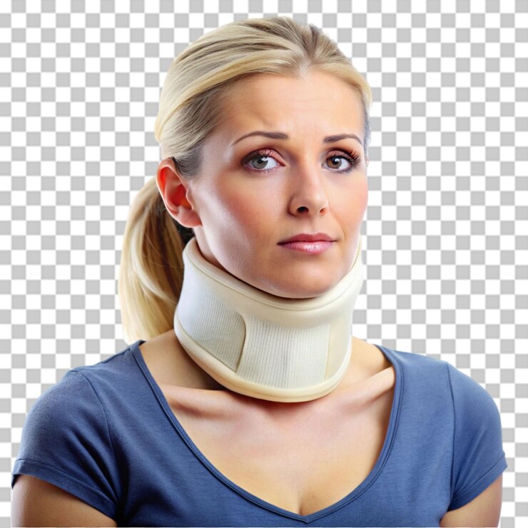 PSD mujer con soporte para lesiones en el cuello y latigazo con accesorios sobre un fondo transparente