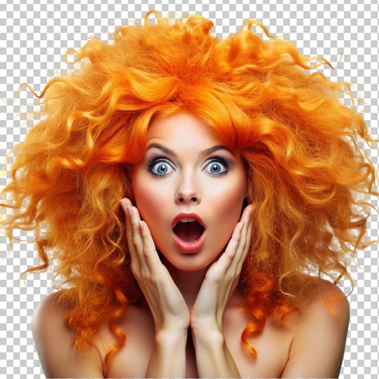 PSD mujer sorprendida con un gran cabello naranja en un fondo transparente
