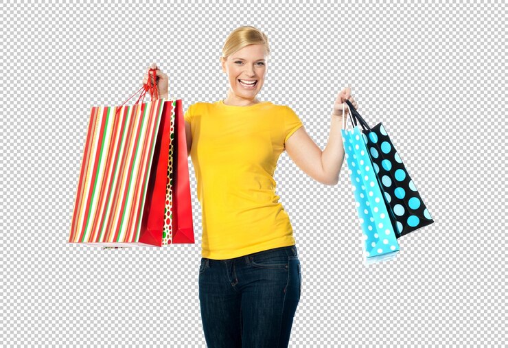 PSD una mujer sosteniendo una bolsa de compras y sonriendo con un letrero que dice cita de compras en ella