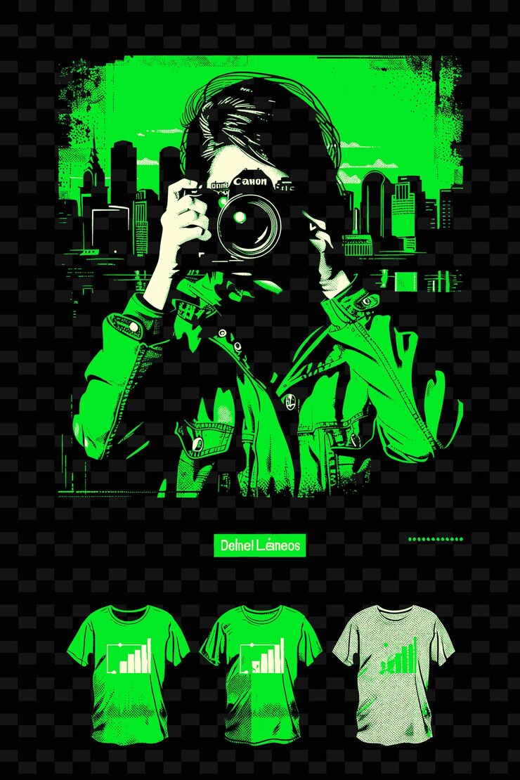 PSD mujer sosteniendo una cámara con un paisaje urbano en el fondo po png poster background designs