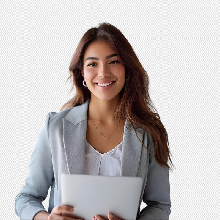 una mujer sosteniendo una computadora portátil con una camisa blanca que dice que la está sosteniendo