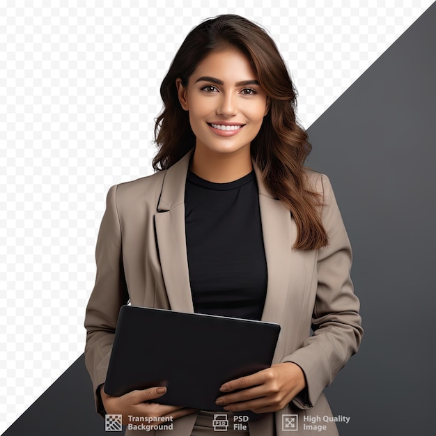 Una mujer sosteniendo una computadora portátil y una foto de una mujer sosteniendo una carpeta negra.