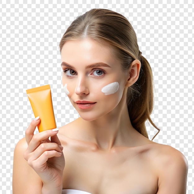 PSD mujer sosteniendo una crema facial blanca en su mano modelo de producto de fondo transparente