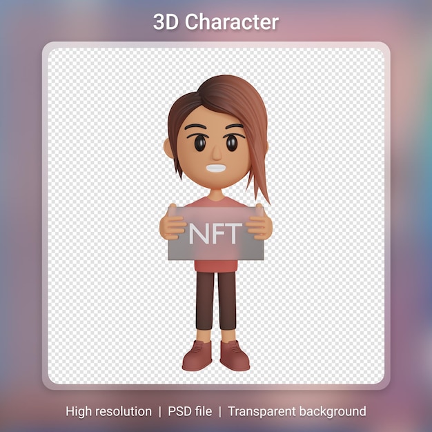 PSD mujer sosteniendo la ilustración 3d del tablero nft